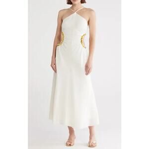 Cult Gaia Off White & Gold Maxi Halter Dress Embellished Side Cutouts Size 10